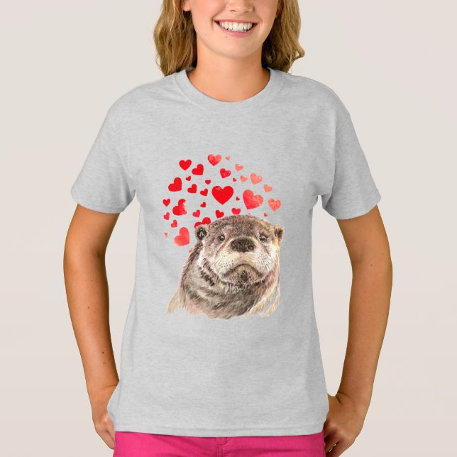 Niedliche Wasserfarbe Otter Herz Liebe Tier Spaß T T-Shirt (Vorderseite)