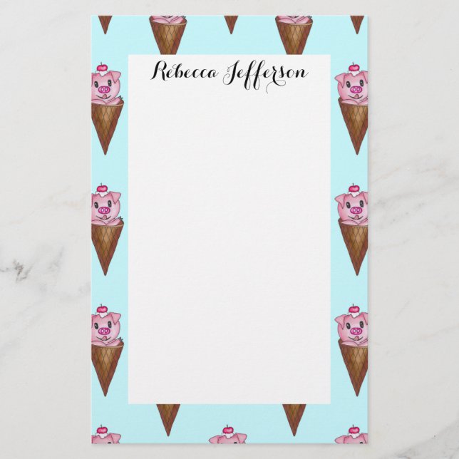 Niedliche Wasserfarbe Piggie Eis Creme Rosa Aquama Briefpapier (Vorderseite)
