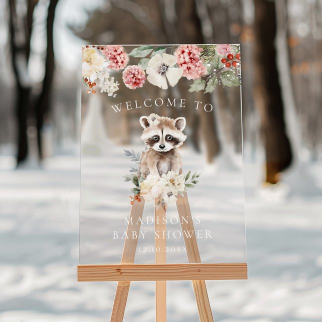 Niedliche Wasserfarbe Raccoon Babydusche Willkomme Acrylschild (Von Creator hochgeladen)