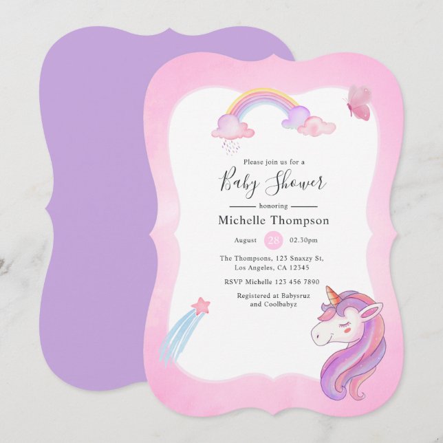 Niedliche Wasserfarbe Regenbogen Einhorn Kindermäd Einladung (Vorne/Hinten)