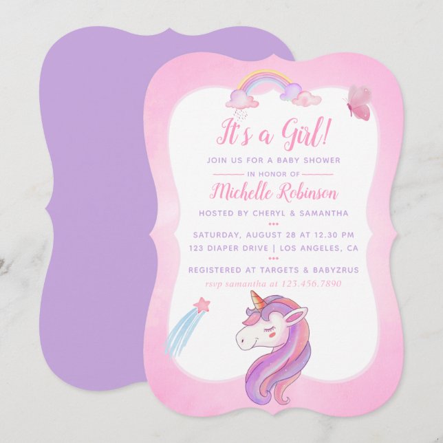 Niedliche Wasserfarbe Regenbogen Einhorn Kindermäd Einladung (Vorne/Hinten)