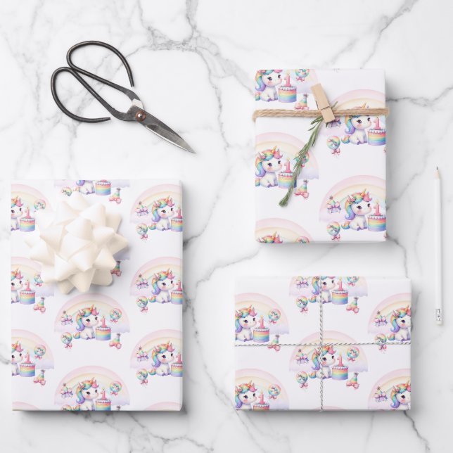 Niedliche Wasserfarbe Regenbogen Einhorn Mädchen 1 Geschenkpapier Set (Vorderseite)