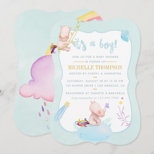Niedliche Wasserfarbe Rhino Unicorn Kinderdusche Einladung (Vorne/Hinten)