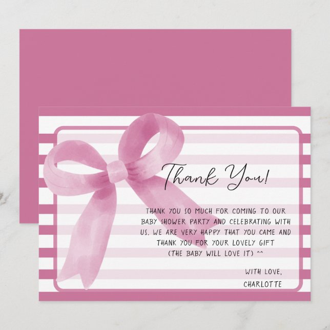 Niedliche Wasserfarbe Rosa Bow Babydusche Dankeskarte (Vorne/Hinten)