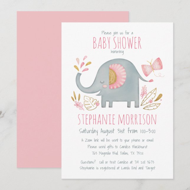 Niedliche Wasserfarbe Rosa Elephant Girl Babydusch Einladung (Vorne/Hinten)