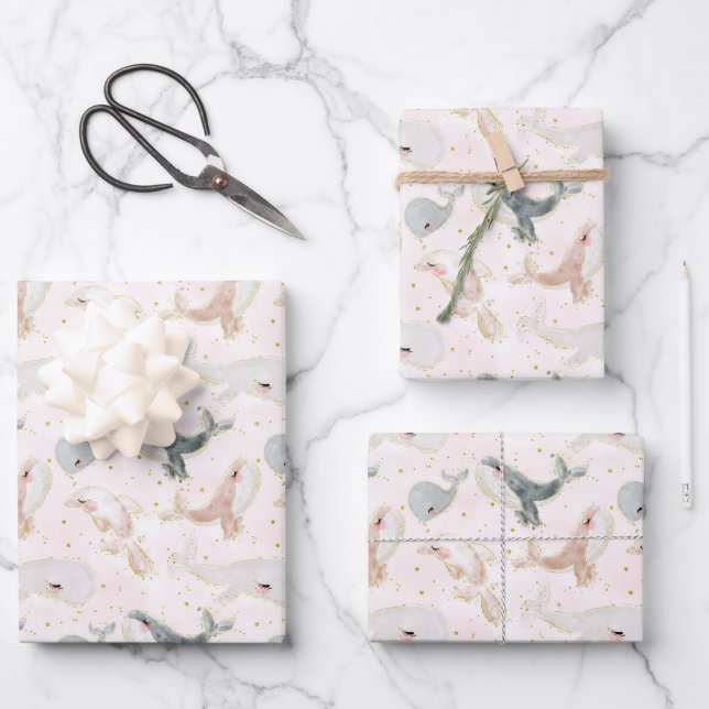 Niedliche Wasserfarbe Rosa Whale Delphin Geschenkpapier Set (Vorderseite)