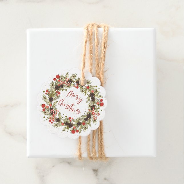 Niedliche Wasserfarbe Rote Berries Wreath Frohe We Geschenkanhänger (Beispiel)