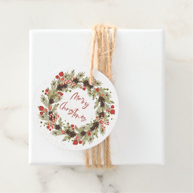 Niedliche Wasserfarbe Rote Berries Wreath Frohe We Geschenkanhänger (Beispiel)