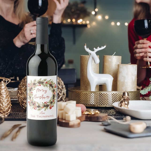 Niedliche Wasserfarbe Rote Berries Wreath Frohe We Weinetikett (Cute Watercolor Red Berries Wreath Merry Christmas Wine Label)