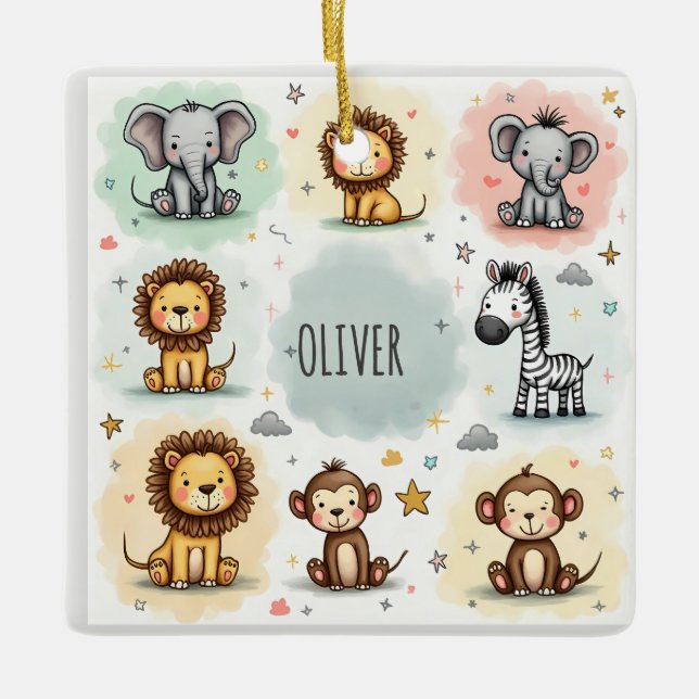 Niedliche Wasserfarbe Safari Tierdoodles Keramikornament (Vorderseite)