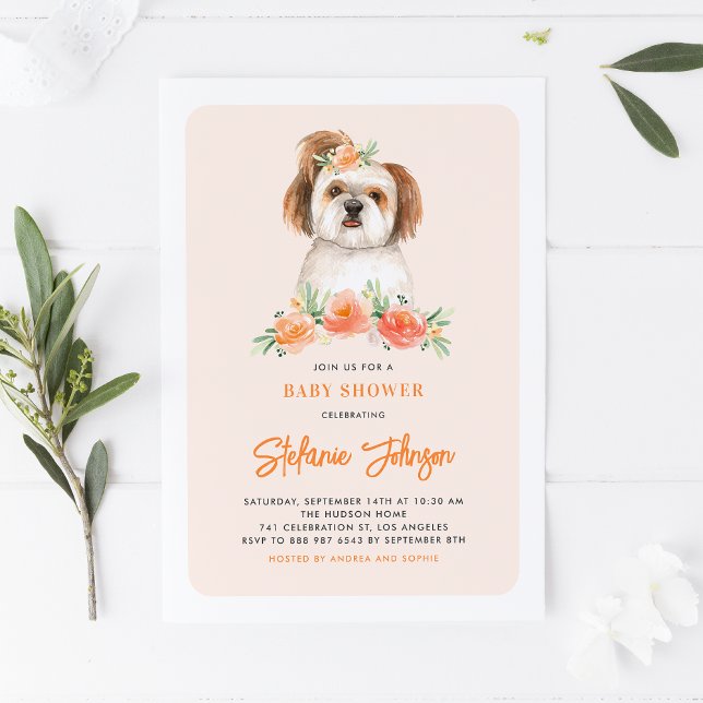 Niedliche Wasserfarbe Shih Tzu Peach Floral Baby D Einladung (Von Creator hochgeladen)