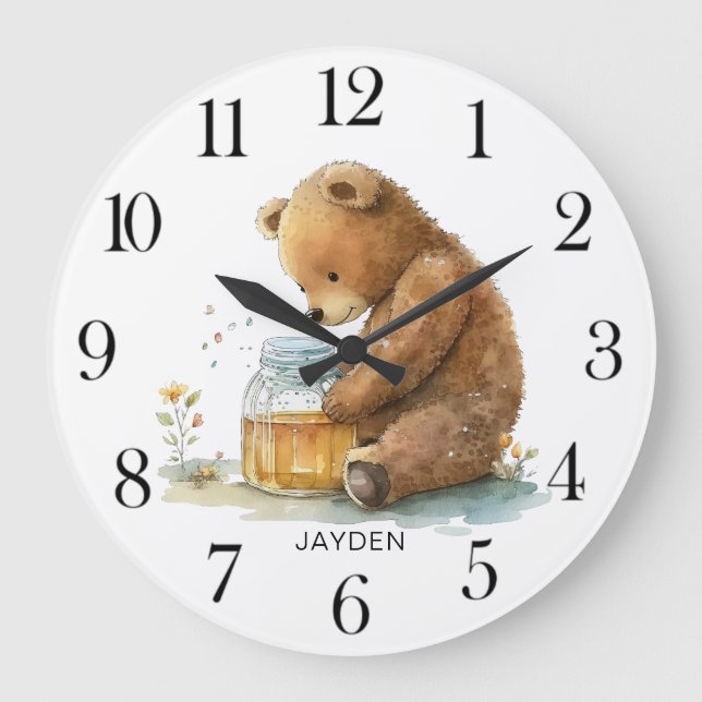 Niedliche Wasserfarbe Teddy Bären Honig Pot Person Große Wanduhr (Vorderseite)