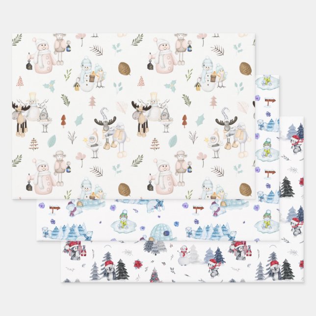 Niedliche Wasserfarbe Urlaub Schneemann Weihnachts Geschenkpapier Set (Set)