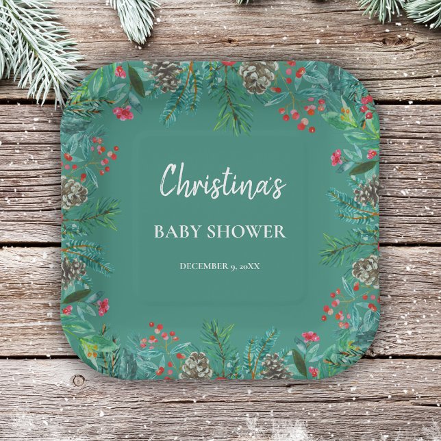 Niedliche Wasserfarbe Weihnachtsdusche Grün Pappteller (Von Creator hochgeladen)