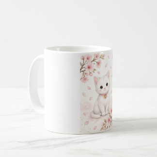 Niedliche Wasserfarbe Weiße Katze mit Kirschblüten Kaffeetasse