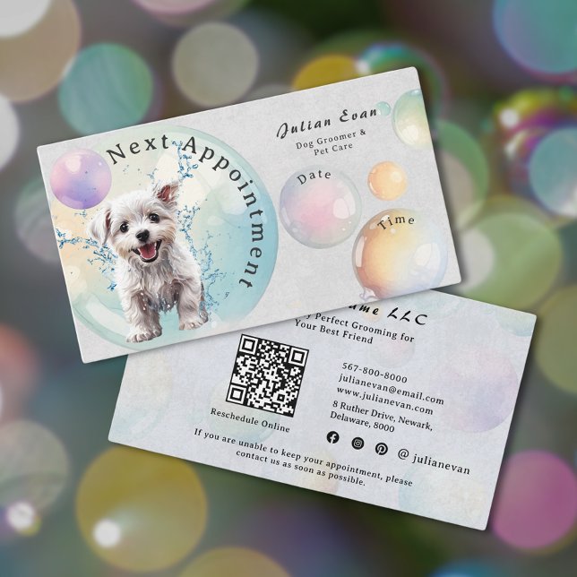 Niedliche Wasserfarbe Welpenblase Suds Dog Groomer Terminkarte (Von Creator hochgeladen)