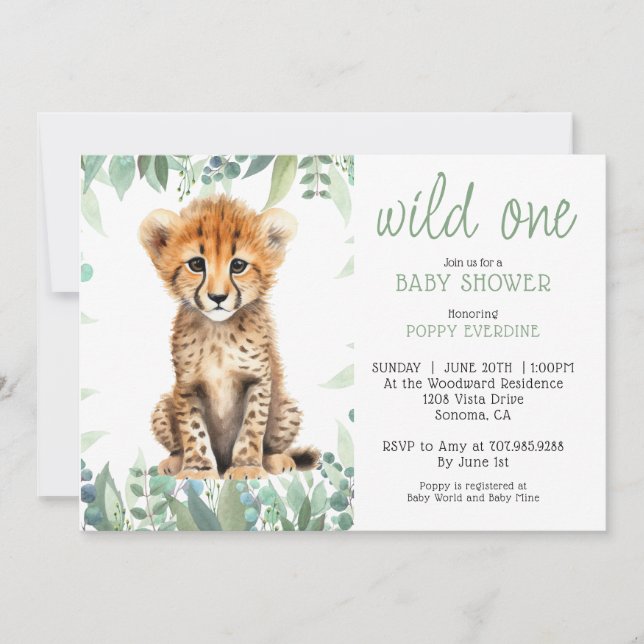 Niedliche Wasserfarbe Wild One Cheetah Babydusche Einladung (Vorderseite)