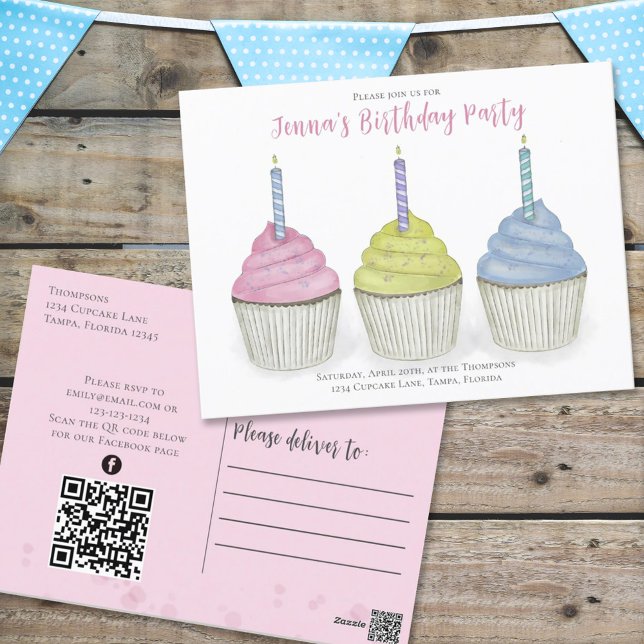 Niedliche Wasserfarben Cupcakes QR Code Soziale Me Postkarte (Von Creator hochgeladen)