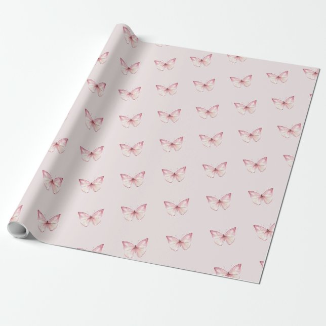 Niedliche Wasserfarben Rosa Schmetterlinge Geschenkpapier (Ungerollt)