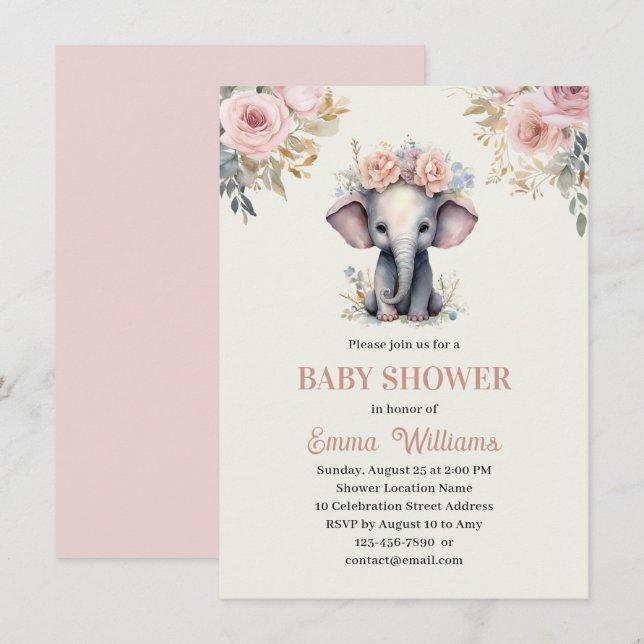 Niedliche Wasserfarbenflora Elephant Girl Babydusc Einladung (Vorne/Hinten)