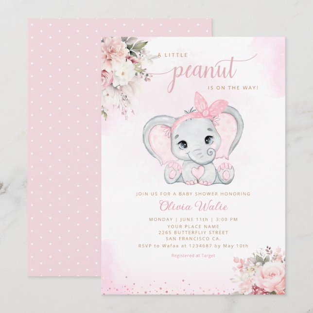 Niedliche Wasserfarbenflora Elephant Girl Babydusc Einladung (Vorne/Hinten)