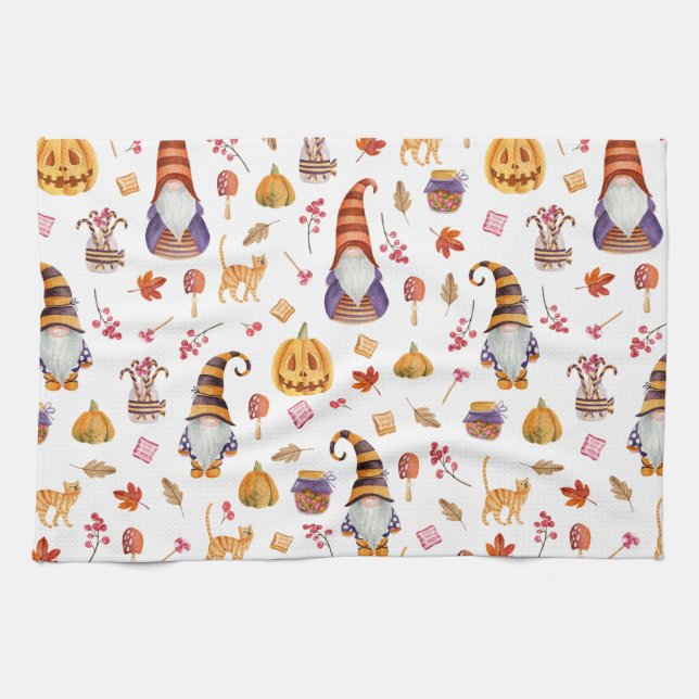 Niedliche WasserfarbenHalloween-Gnomen, Kürbiskins Geschirrtuch (Horizontal)