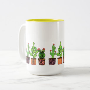 Niedliche Wasserfarbenkaktus in Töpfen Zweifarbige Tasse