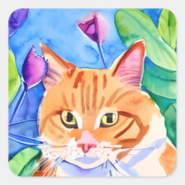 Niedliche Wasserfarbenkatze und Hübsche Blume Quadratischer Aufkleber