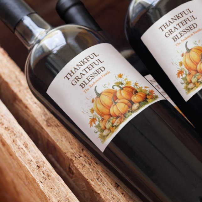 Niedliche Wasserfarbenkürbis Dankbar Dankbar geseg Weinetikett (Von Creator hochgeladen)