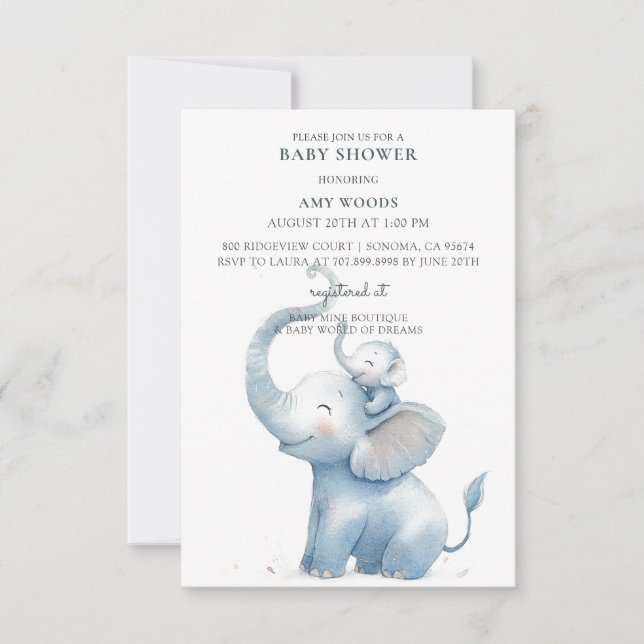 Niedliche Wasserfarbenlephant Babydusche Einladung (Vorderseite)