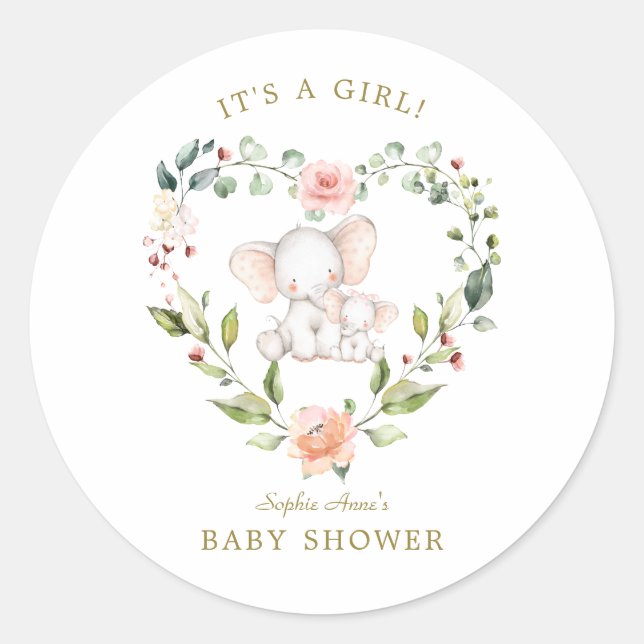 Niedliche Wasserfarbenlephant Floral Girl Babydusc Runder Aufkleber (Vorderseite)