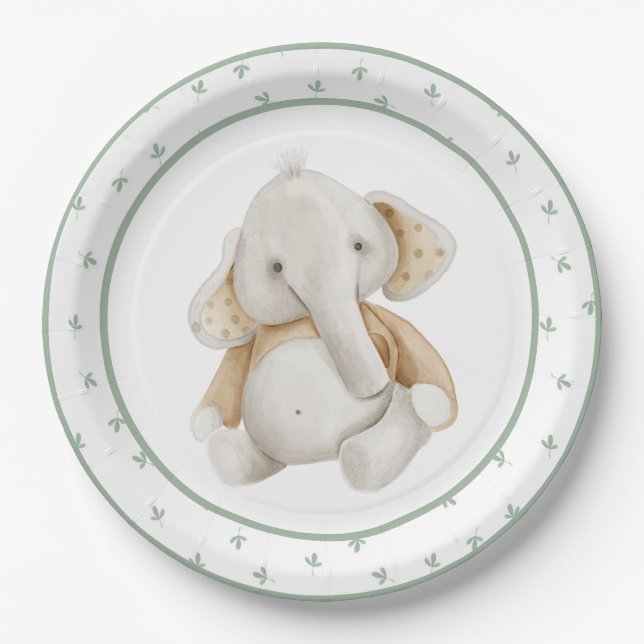 Niedliche Wasserfarbenlephant Grüne Kinderdusche Pappteller (Vorderseite)