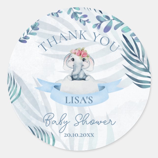 Niedliche Wasserfarbenlephon Danke Baby Dusche Runder Aufkleber (Vorderseite)