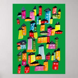 Niedliche Wasserfarbhäuser Poster