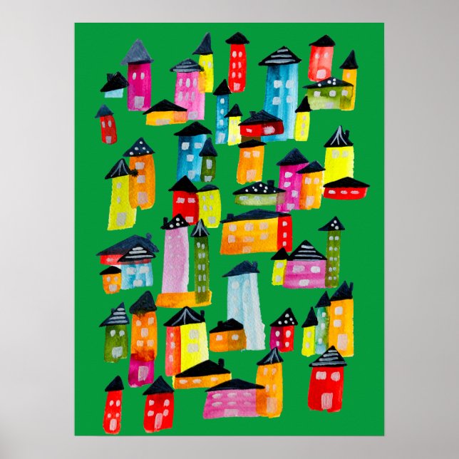 Niedliche Wasserfarbhäuser Poster (Vorne)