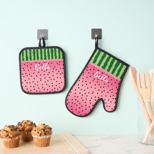 Niedliche Wassermelone Personalisiert Ofenhandschuh & Topflappen-Set (Insitu (Hängend))