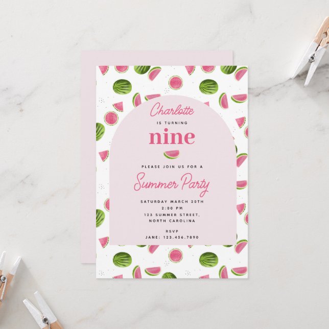 Niedliche Wassermelone Sommer Pink Girl Geburtstag Einladung (Vorderseite/Rückseite Beispiel)