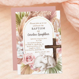 Niedliche Watercolor Baby Lamb Girl Taufe Einladung