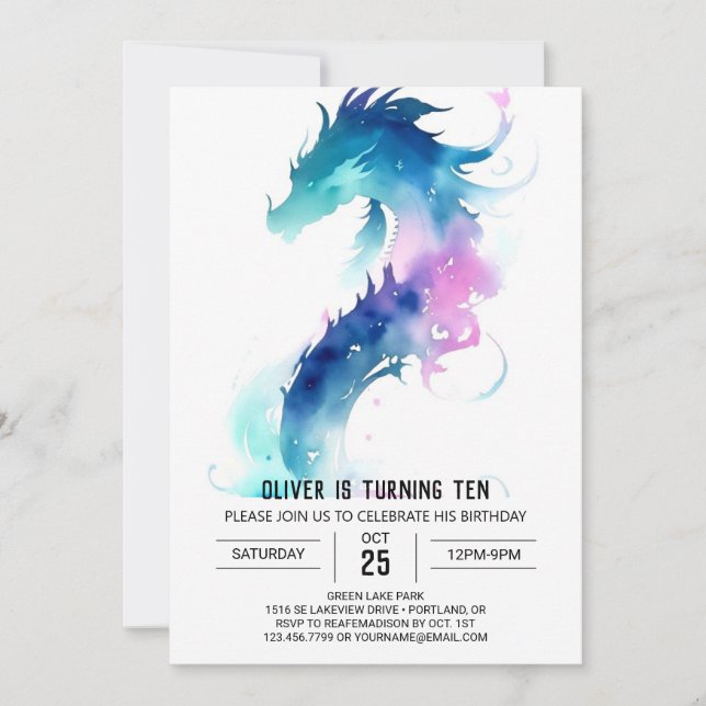 Niedliche Watercolor Dragon Fantasy Birthday Einladung (Vorderseite)