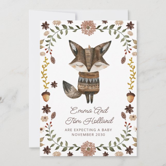 Niedliche Watercolor Fox Schwangerschaft Ankündigung (Vorderseite)