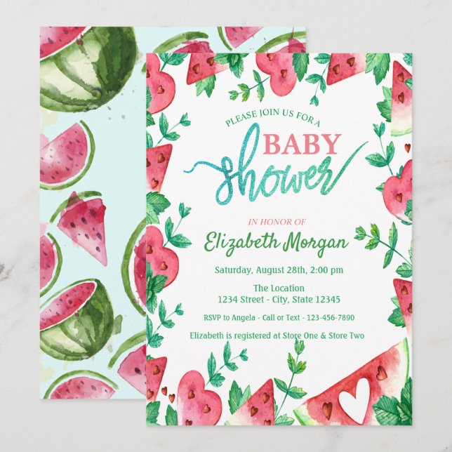 Niedliche Watermelon Herzbabydusche Einladung (Vorne/Hinten)