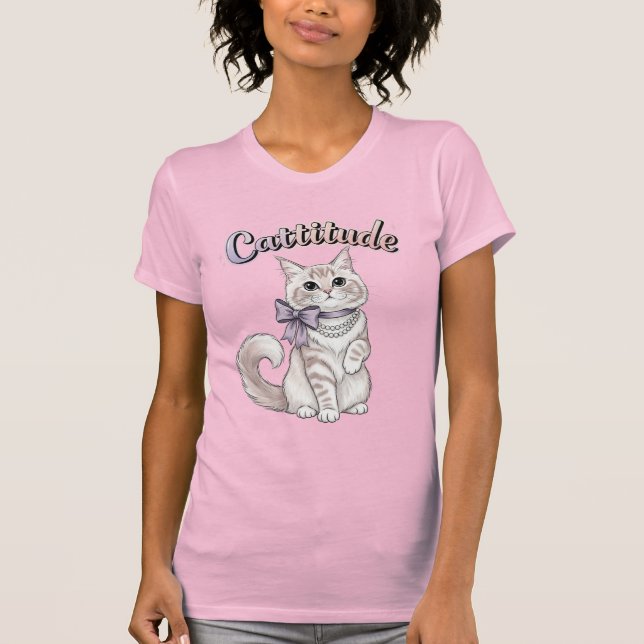 Niedliche weibliche "Cattitude" Katze T - Shirt (Vorderseite)