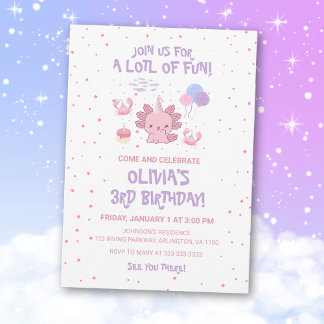 Niedliche weiche Axolotl Kids Pink Stars Spaß Gebu Einladung
