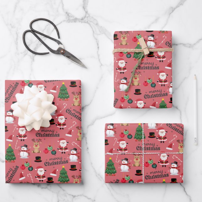 Niedliche Weihnachten auf dunkelrosa Geschenkpapier Set (Vorderseite)