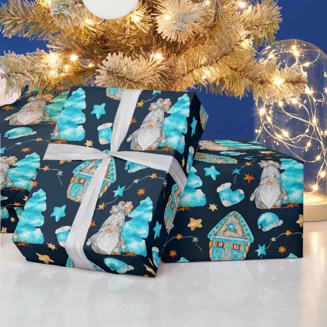 Niedliche Weihnachten Blaue Skandinavier Gnomes Geschenkpapier (Feiertage)