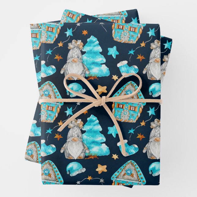 Niedliche Weihnachten Blaue Skandinavier Gnomes Geschenkpapier Set (Beispiel)