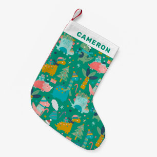 Niedliche Weihnachten Dinosaurier Muster Grün Pers Kleiner Weihnachtsstrumpf