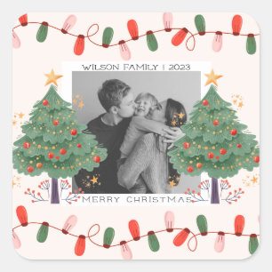 Niedliche Weihnachten Familienurlaub Foto Weihnach Quadratischer Aufkleber