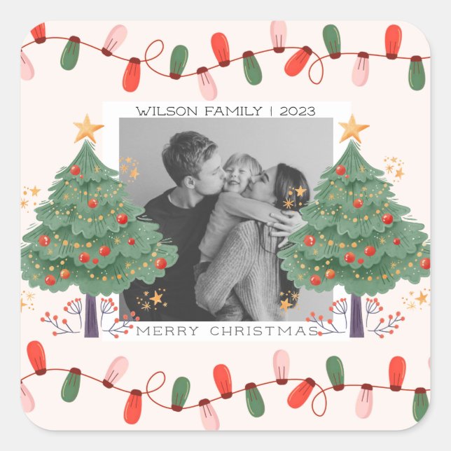 Niedliche Weihnachten Familienurlaub Foto Weihnach Quadratischer Aufkleber (Vorderseite)