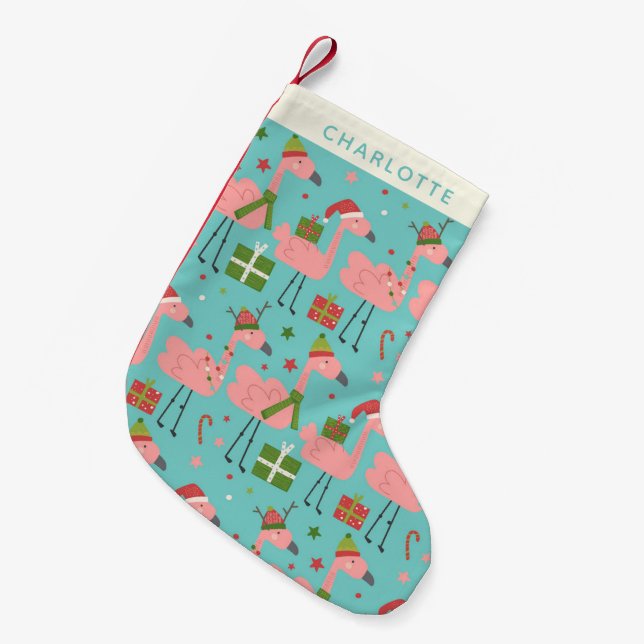 Niedliche Weihnachten Flamingos Aqua Blue Personal Kleiner Weihnachtsstrumpf (Vorderansicht (hängend))